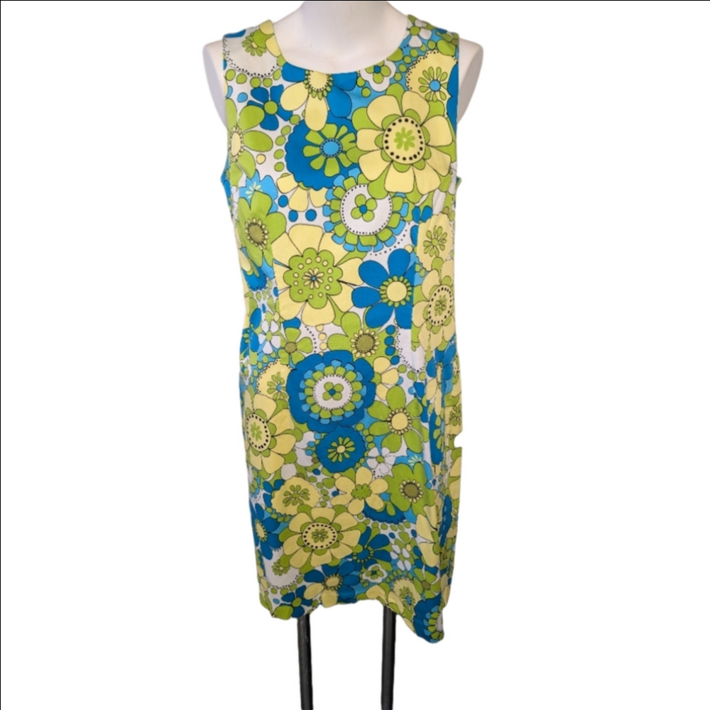 Vintage Dress Hawaiian Sleeveless Mid Century Modern Cotton Yellow Blue